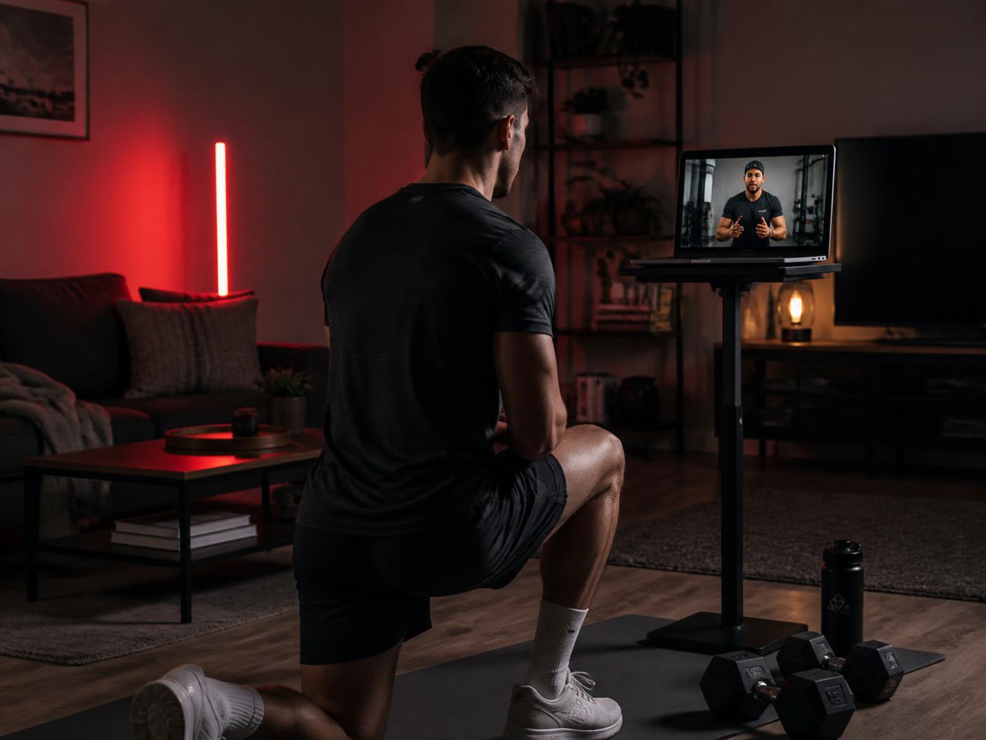 Client training at home while following a coach on a laptop video call